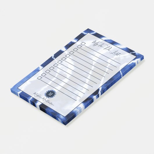 Blauwe marmer met kleurstof Waterverf Monogram om Post-it® Notes (Schuin)