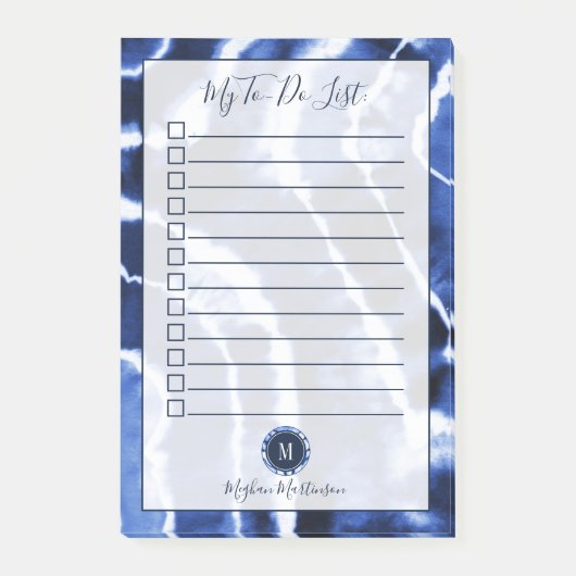 Blauwe marmer met kleurstof Waterverf Monogram om  Post-it® Notes (Voorkant)