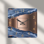 Blauwe marmer roos gouden business logo vierkante klok<br><div class="desc">Een donkerblauw en goudblauw roos,  marmerbare steendruk als achtergrond Personaliseer en voeg uw zakelijke logo toe. Gulden getallen.</div>