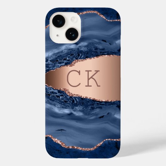 Blauwe marmer roos goudmonogram initiaal Case-Mate iPhone case (Achterkant)