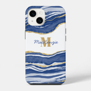 Blauwe marmeren agaat gouden glitters monogram naa iPhone 14 hoesje