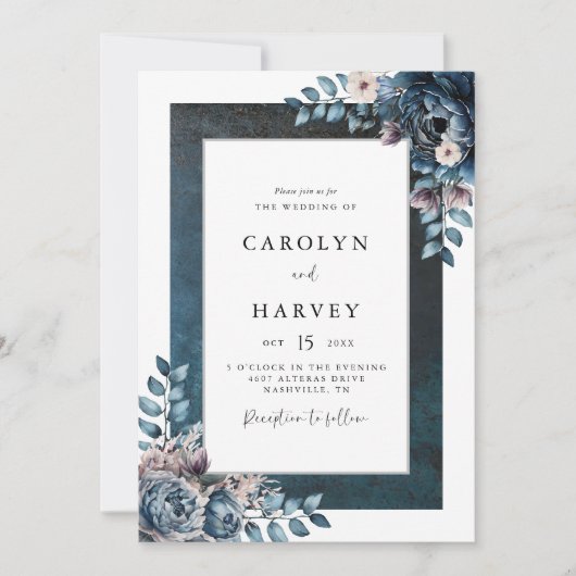 Blauwe Marmeren Elegante Trouwdag Kaart (Voorkant)