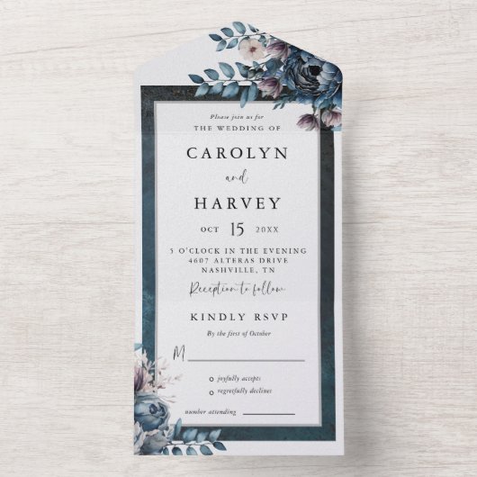 Blauwe Marmeren Elegante Trouwfeest All In One Uitnodiging (Binnen)