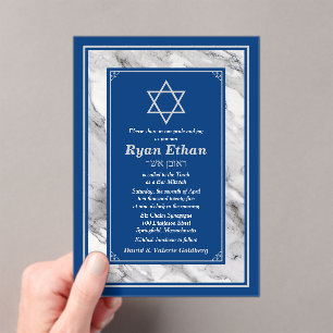 Blauwe marmeren ster van David Bar Mitswa Acryl Uitnodigingen