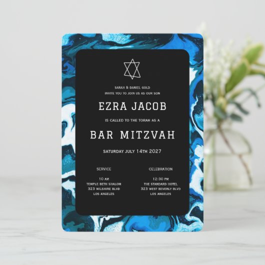 Blauwe Marmeren Ster van David Custom Bar Bat Mitz Kaart (Staand voorkant)
