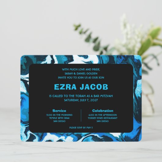 Blauwe Marmeren Ster van David Custom Bar Bat Mitz Kaart (Staand voorkant)