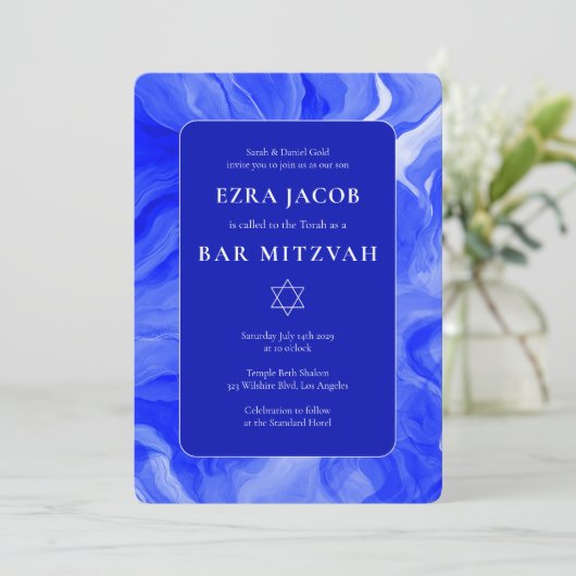 Blauwe Marmeren Ster van David Custom Bar Bat Mitz Kaart (Staand voorkant)