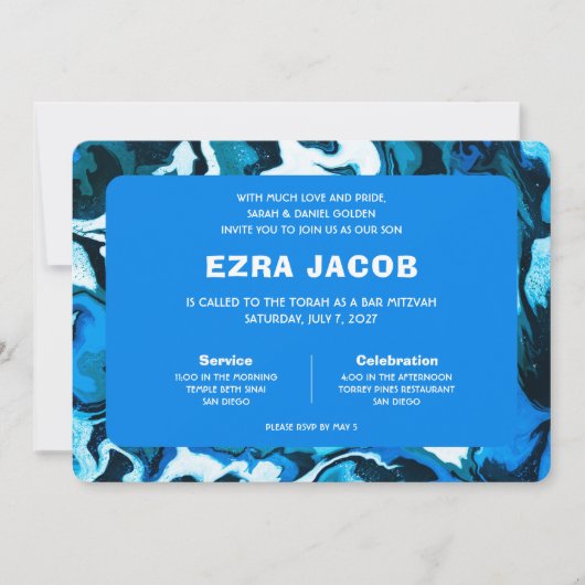 Blauwe Marmeren Ster van David Custom Bar Bat Mitz Kaart (Voorkant)