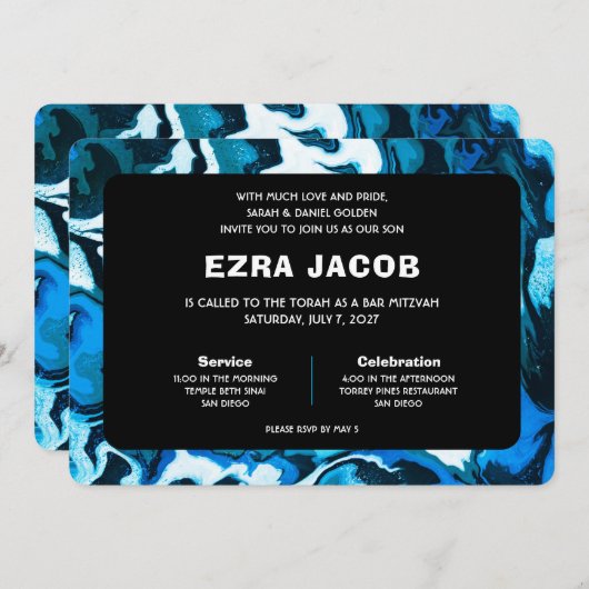 Blauwe Marmeren Ster van David Custom Bar Bat Mitz Kaart (Voorkant / Achterkant)