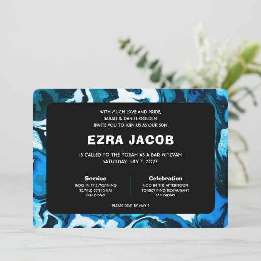 Blauwe Marmeren Ster van David Custom Bar Bat Mitz Kaart (Staand voorkant)