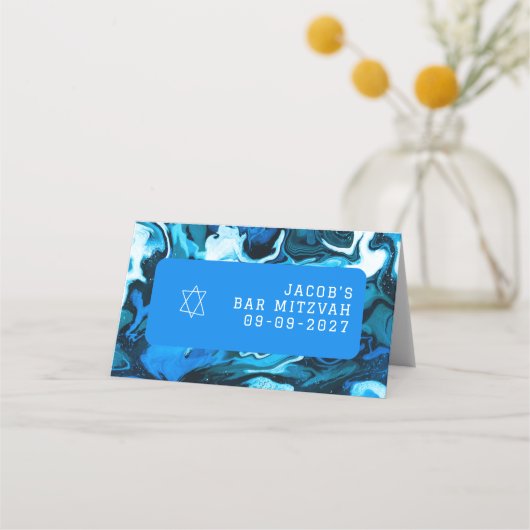 Blauwe Marmeren Ster van David Custom Bar Bat Mitz Plaatskaartje (Achterkant)