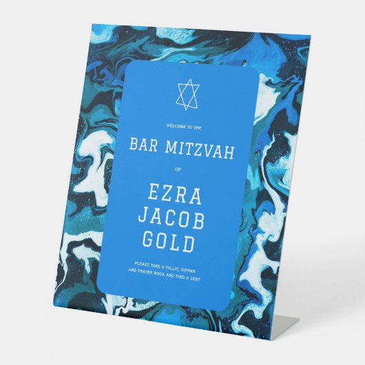 Blauwe Marmeren Ster van David Custom Bar Bat Mitz Reclamebord Met Voetstuk (Voorkant)