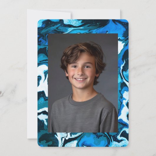 Blauwe Marmeren Verf Custom Photo Bar Bat Mitzvah Kaart (Achterkant)
