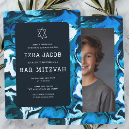 Blauwe Marmeren Verf Custom Photo Bar Bat Mitzvah Kaart