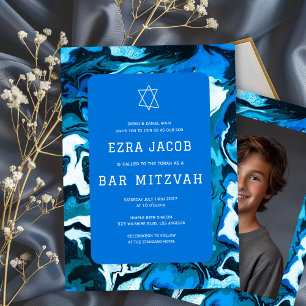 Blauwe Marmeren Verf Custom Photo Bar Bat Mitzvah Kaart