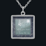 Blauwe marmervlinder volgt je hart sterling zilver ketting<br><div class="desc">Inspirerend citaat op droomachtig ketting met donkerblauwe marmerachtergrond.</div>
