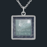 Blauwe marmervlinder volgt je hart sterling zilver ketting<br><div class="desc">Inspirerend citaat op droomachtig ketting met donkerblauwe marmerachtergrond.</div>