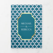 Blauwe Marokkaanse Quatrefoil Patroon Bruiloftsfot Drieluik Uitnodiging (Cover)