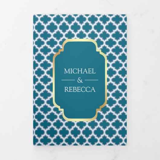 Blauwe Marokkaanse Quatrefoil Patroon Bruiloftsfot Drieluik Uitnodiging (Cover)