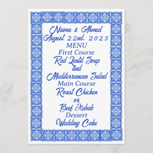 Blauwe Marokkaanse Tegels bruiloft Menu (Voorkant)