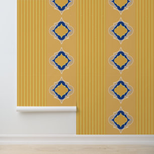 Blauwe Marokkaanse vormen en citrusstrepen Behang
