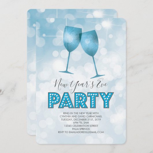 Blauwe marquee licht nieuw jaar oud kaart (Voorkant / Achterkant)