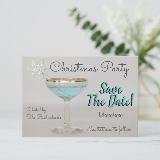 Blauwe Martini kerstpartij sparen de datum (Staand voorkant)