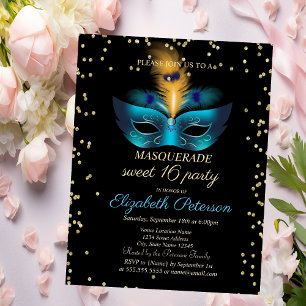 Blauwe masker diamanten masquerade Sweet 16 Uitnodiging Briefkaart