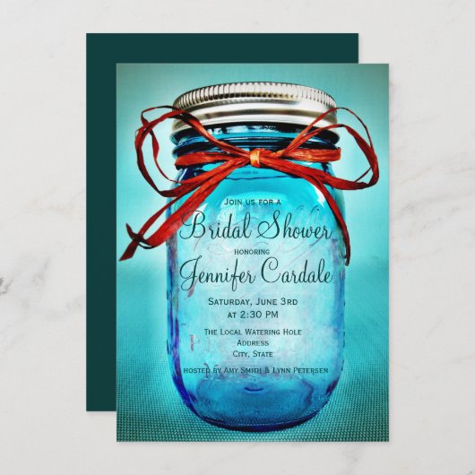 Blauwe Mason Jar Country Bridal Shower-uitnodiging Kaart (Voorkant / Achterkant)