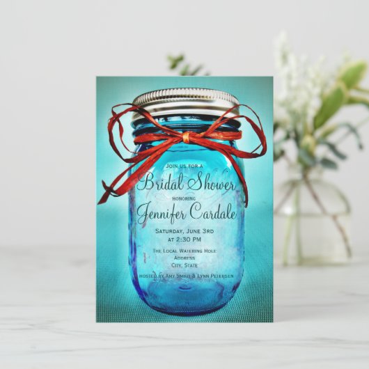 Blauwe Mason Jar Country Bridal Shower-uitnodiging Kaart (Staand voorkant)