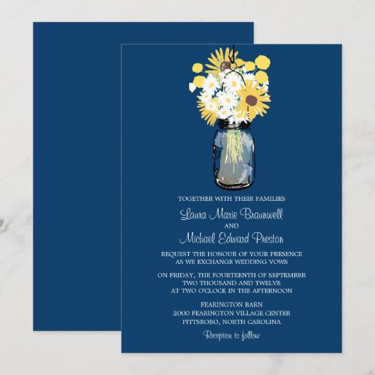Blauwe Mason Jar Daisies Gele Zonnebloemen Bruilof Kaart (Voorkant / Achterkant)