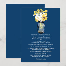 Blauwe Mason Jar Daisies Gele Zonnebloemen Bruilof Kaart