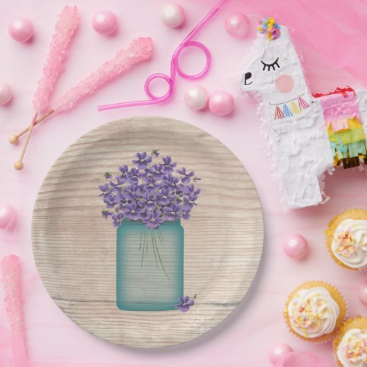 Blauwe Mason Jar Viooltjes  Papieren Bordje (Feest)