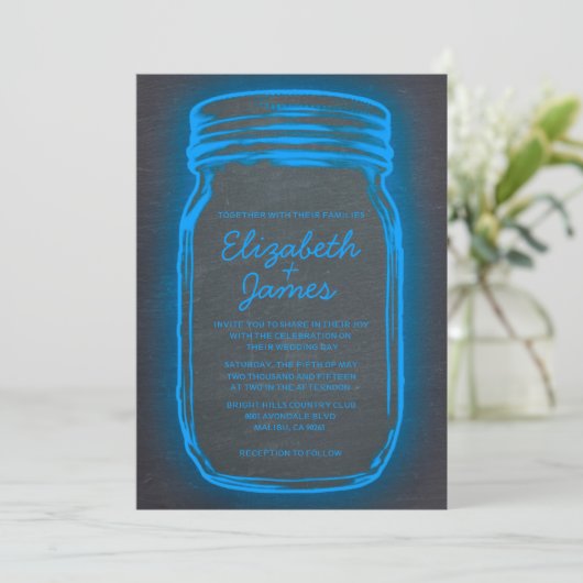 Blauwe  Mason Jar Wedding Invitations Kaart (Staand voorkant)