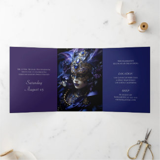 Blauwe Masquerade Sweet 16 Feestuitnodiging Drieluik Uitnodiging