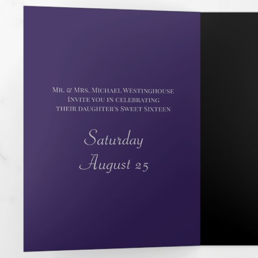 Blauwe Masquerade Sweet 16 Feestuitnodiging Drieluik Uitnodiging (Binnenzijde eerst)