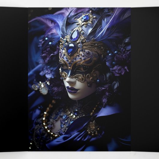 Blauwe Masquerade Sweet 16 Feestuitnodiging Drieluik Uitnodiging (Binnenkant midden)