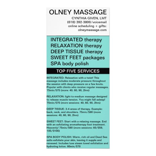 Blauwe Massage en Spa Brochure Card Reclamekaart (Voorkant)