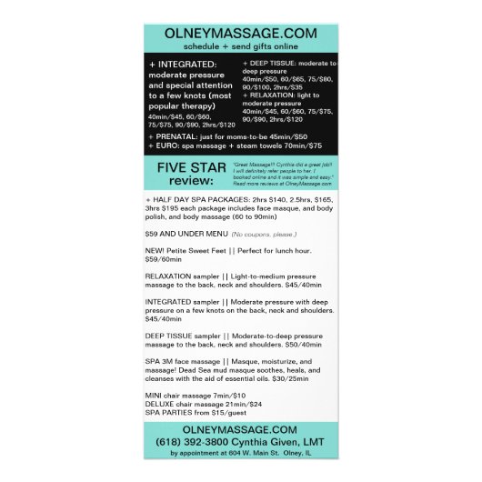 Blauwe Massage en Spa Brochure Card Reclamekaart (Achterkant)