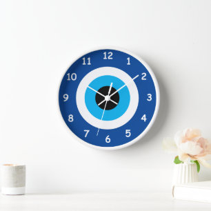 Blauwe Mati Evil Eye symbool ronde wandklok