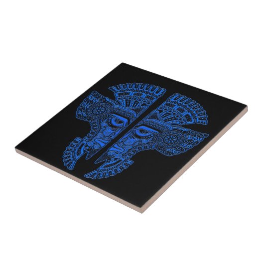 Blauwe Mayan Twins Mask Illusion on Black Tegeltje (Zijkant)