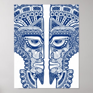 Blauwe Mayan Twins Mask Illusion on White Poster