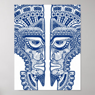 Blauwe Mayan Twins Mask Illusion on White Poster