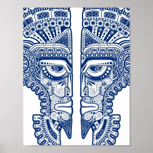 Blauwe Mayan Twins Mask Illusion on White Poster (Voorkant)