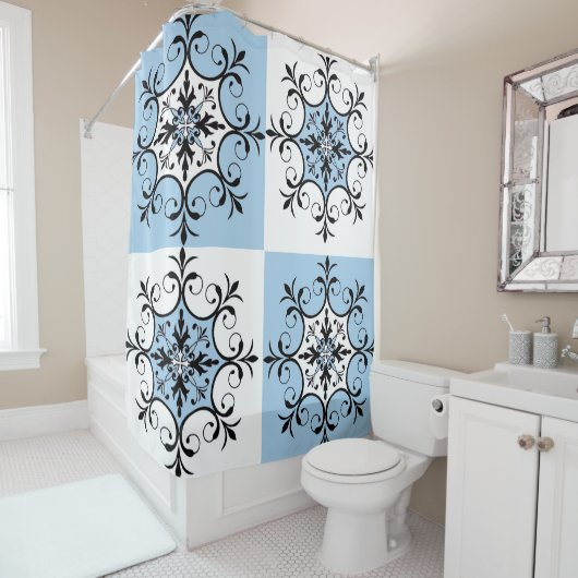 Blauwe medallion douchegordijn (In situ)