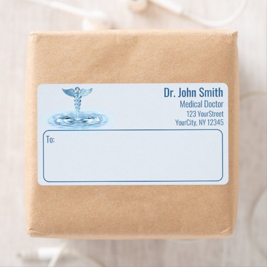 Blauwe Medische Hermes Rod Caduceus Water Ripples Etiket (Insitu)