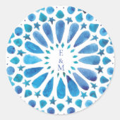 Blauwe Mediterraanse Tegel Monogram Ronde Sticker (Voorkant)