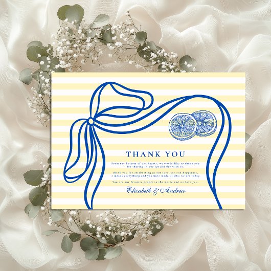 Blauwe Mediterrane Bow Citrus Stripe Wedding Bedankkaart