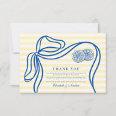 Blauwe Mediterrane Bow Citrus Stripe Wedding Bedankkaart (Voorkant)