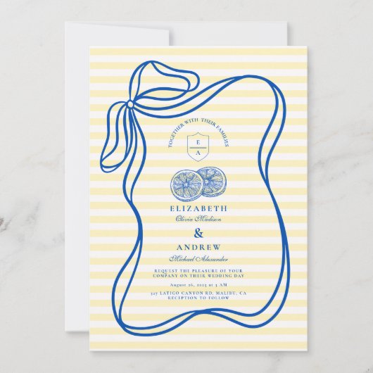Blauwe Mediterrane Bow Citrus Stripe Wedding Kaart (Voorkant)